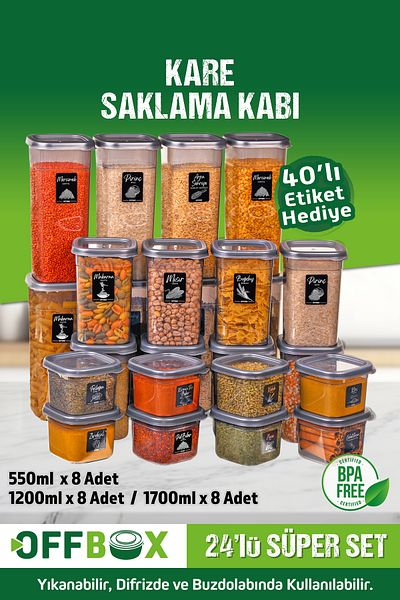 OFFBOX 0.55-1,2-1,7 Liter Square Food Pulses and Spices Storage Set - 24 Pieces 48 Pieces, 40 Labels Gift