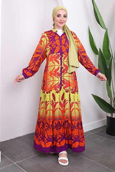 İmajButik Μωβ φόρεμα από βισκόζη με πολυστρωματική φούστα και μισό κουμπί