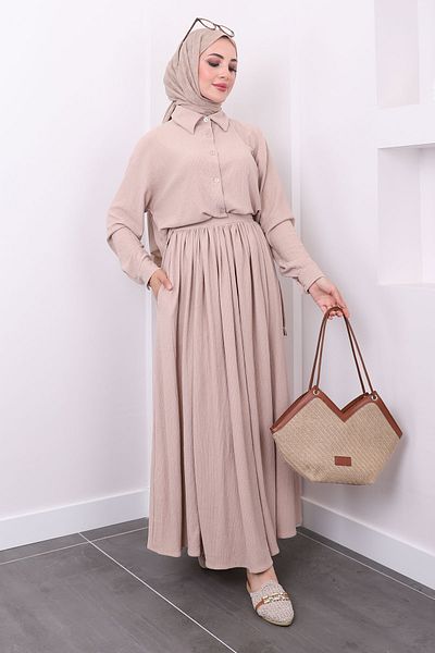 İmajButik Front Short and Back Long Biscuit Shirt and Skirt Set - Wrap