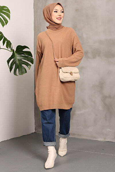 İmajButik سترة تريكو ذات ياقة مدورة من البسكويت