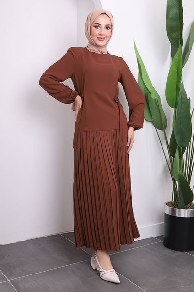İmajButik Brown Side Detailed Blouse Pleated Skirt Set