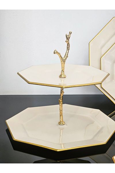atabey home collection حامل طبق تقديم الكيك ذو الطابقين باللون الذهبي الكريمي