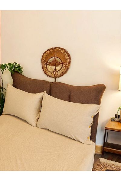 CollessiaHome Double Washed Linen Pillow Wooden Button Fitted Sheet Set Sheet Set - 180X200 cm