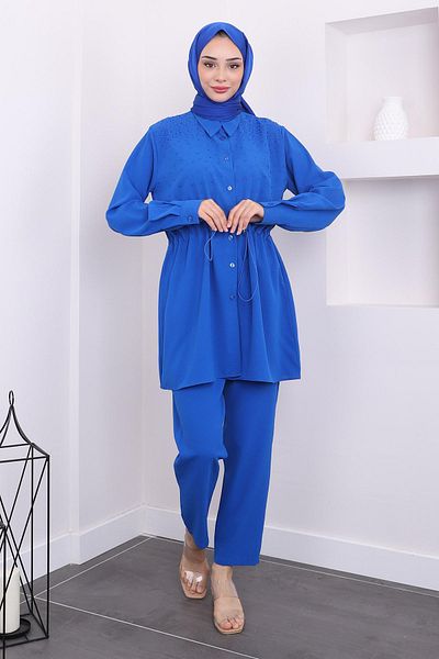 İmajButik طقم بنطال تونيك مرن بخصر أزرق من ساكس