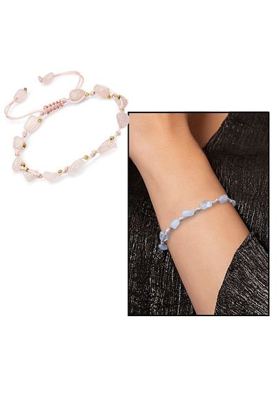 Tesbihane Pink Macrame Bracelet - Natural Cut, Dorica Ball Detail, Quartz Natural Stone