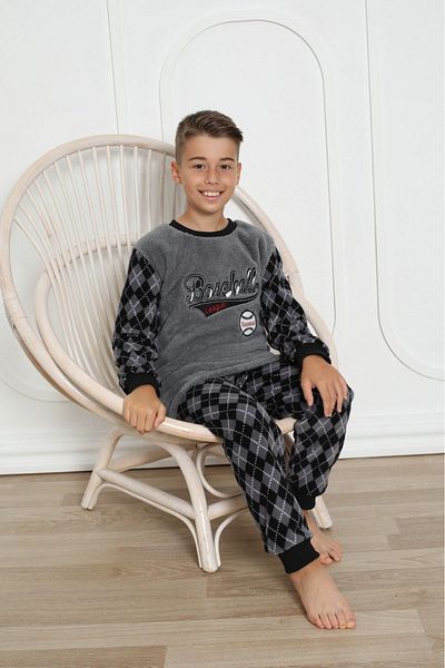 yagmurgiyim Minimally Smoked Baseball Embroidered Fleece Pajamas Set for Boys 5-16 Years 0305-2203-F