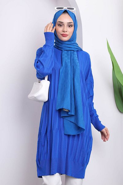 İmajButik Saks Blue Crew Neck Mercerized Casual Knitwear Tunic