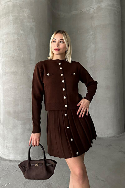 TrendParis Set de tricotaje cu fustă elegantă cu detaliu cu nasturi