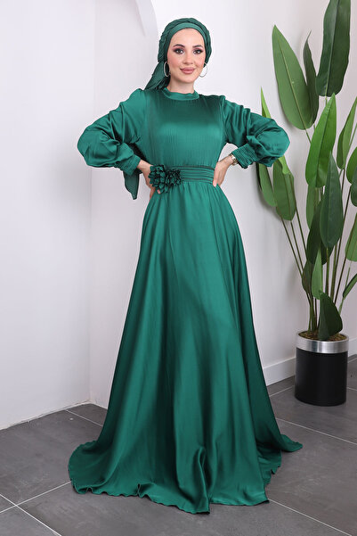 İmajButik Yeşil Balon Kol Piliseli Saten Abiye