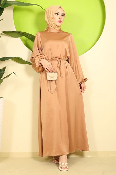 İmajButik Βραδινό φόρεμα με μανίκι μπαλόνι με λαιμόκοψη Camel Judge