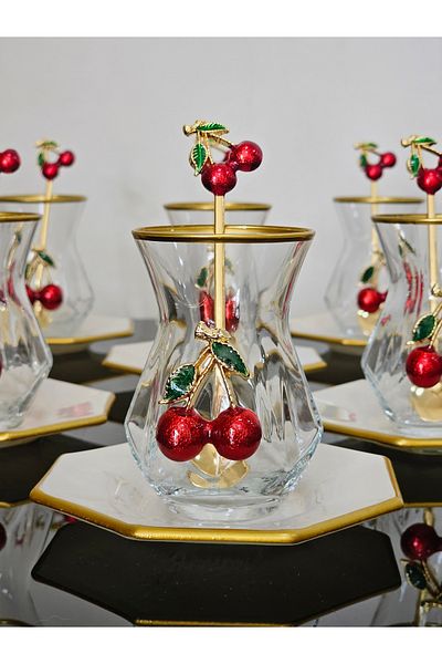 atabey home collection طقم شاي أطلس كريمي مكون من 18 قطعة مع كوب شاي أطلس مع ملعقة