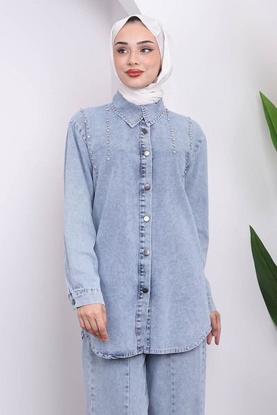 İmajButik Set de blugi albaștri cu detalii în piatră