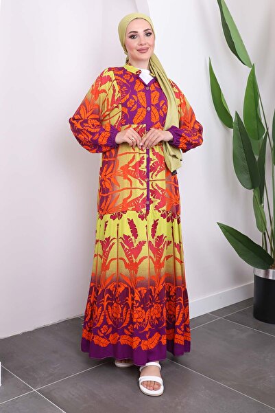 İmajButik Μωβ φόρεμα από βισκόζη με πολυστρωματική φούστα και μισό κουμπί