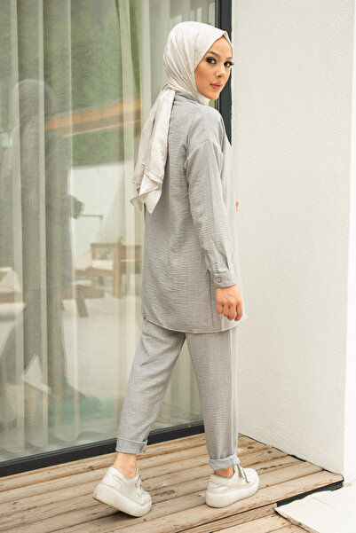 İmajButik Gray Pocketed Tunic Trousers Set