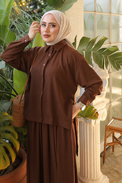 İmajButik Καφέ Μπροστινό Κοντό Πίσω Φούστα Μακριά Ζαρωμένο Σετ