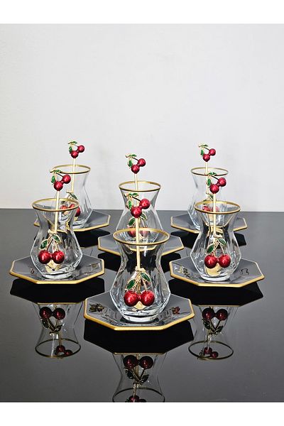 atabey home collection طقم شاي كرز أسود مكون من 18 قطعة من أطلس مع كوب شاي كرز مع ملعقة