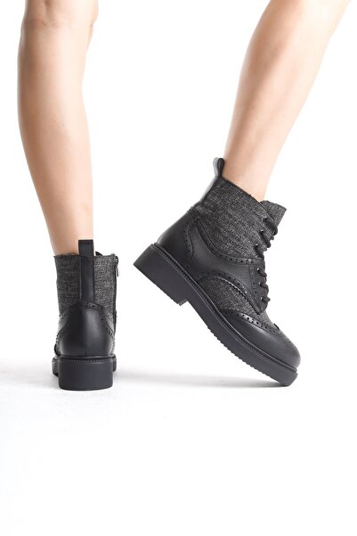 Modabuymus Pivol Μαύρες καρό Oxford Lace Up με φερμουάρ καθημερινές γυναικείες μπότες