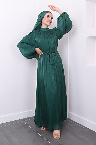 İmajButik Rochie de seara din sifon smarald stralucitor - cu centura in talie