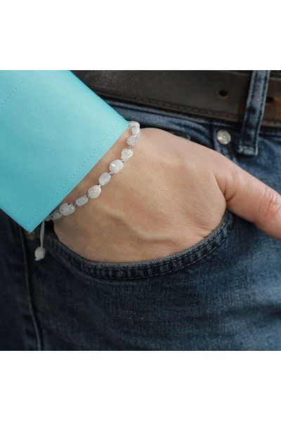 Tesbihane Macrame Braided Natural Cut Moon Stone Natural Stone Men's Bracelet