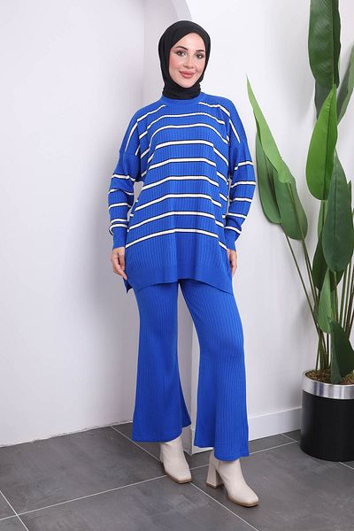 İmajButik Σετ παντελόνι Saks Μπλε ριγέ πλεκτό