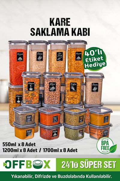 OFFBOX 0.55-1,2-1,7 Liter Square Food Pulses and Spices Storage Set - 24 Pieces 48 Pieces, 40 Labels Gift