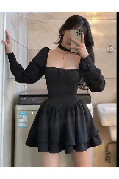 Köstebek Φόρεμα Lolita με κουμπιά με κορδόνια μακριά μανίκια