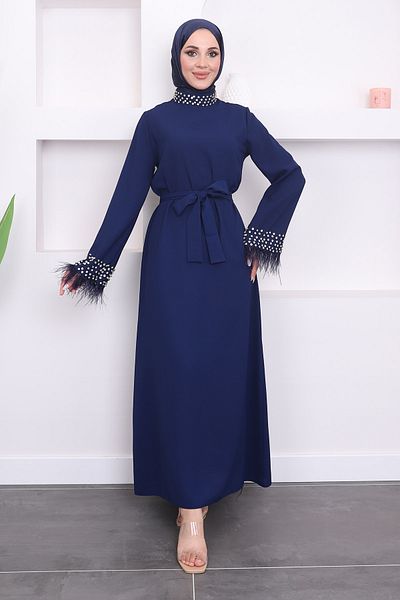 İmajButik Βραδινό φόρεμα με μανίκια με πέτρες Navy Blue