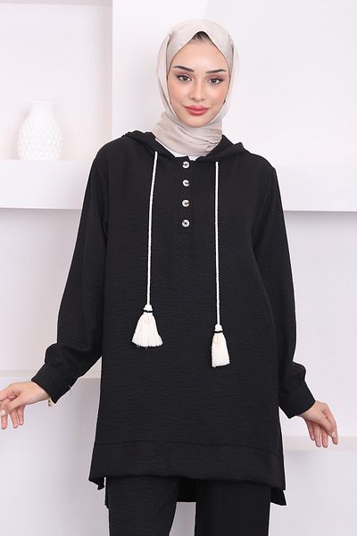 İmajButik Σετ μαύρο χιτώνα και παντελόνι με κουκούλα