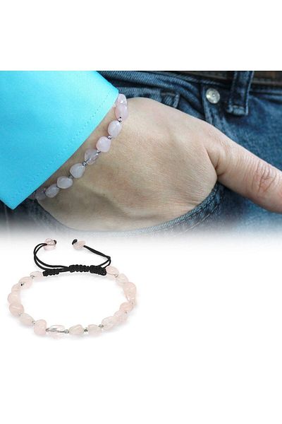 Tesbihane Macrame Braided Natural Cut Pink Quartz Natural Stone Men's Bracelet