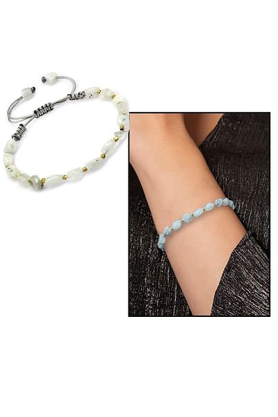 Tesbihane Macrame Braided Natural Cut Moon Stone Natural Stone Women's Bracelet