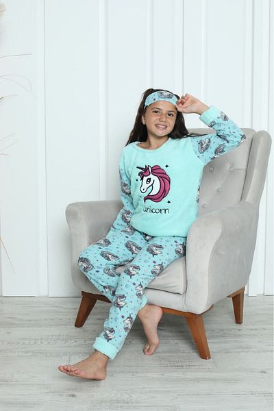 yagmurgiyim Set de pijamale pentru fete din lână Blue Unicorn - 5-16 ani 7005-M