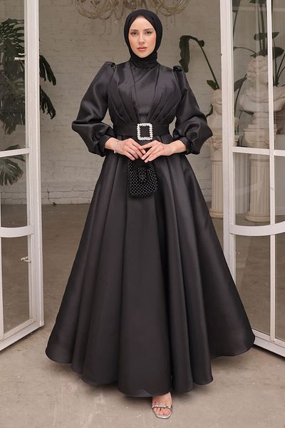İmajButik Βραδινό φόρεμα με μαύρο μανίκι με ντραπέ