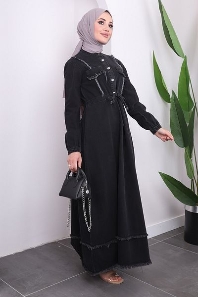 İmajButik Τζιν φόρεμα με κορδόνια σε ανθρακί χρώμα