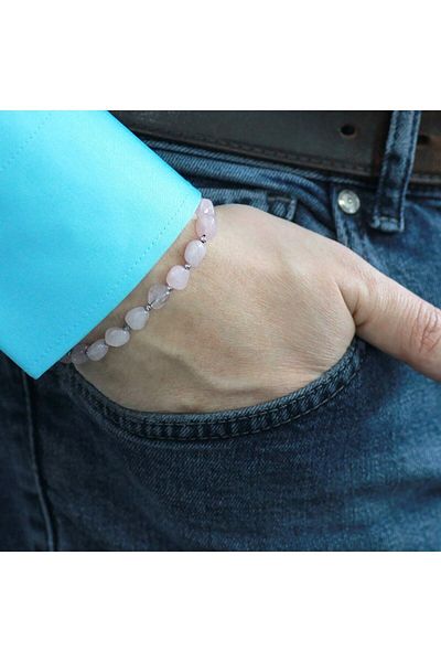 Tesbihane Macrame Braided Natural Cut Pink Quartz Natural Stone Men's Bracelet