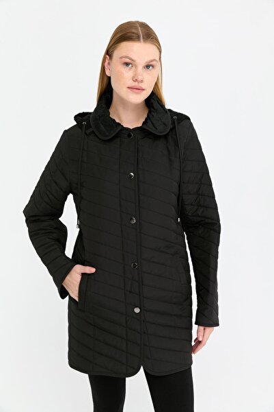 Desen Triko Black Quilted Coat - Hooded and Striped Araboy