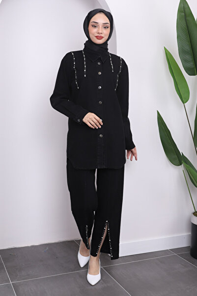 İmajButik Siyah Taşlı Kot Takım