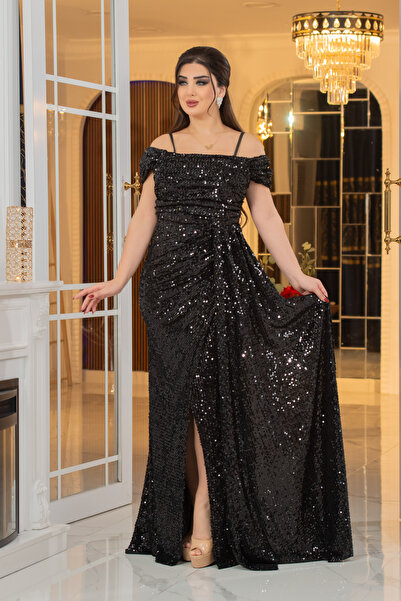 Matik Abiyem Kadife Payet Tasarım Straplez Dekolteli Yırtmaçlı Pelerinli Elbise Abiye