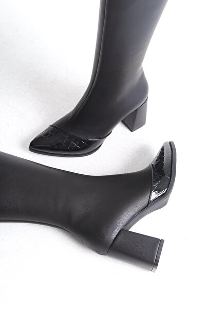 Modabuymus Чорні шкіряні черевики на високих підборах з гострим носком