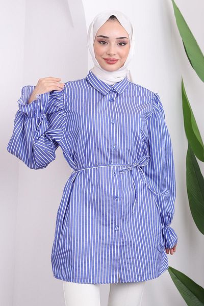 İmajButik Saks Blue 84 Manecă elastică cu talie cu șnur tunică în dungi