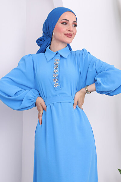 İmajButik Mavi Yaka Taşlı Eteği Katlı Elbise