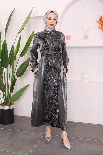İmajButik Bright Smoke Color - Φόρεμα με γιακά και βολάν