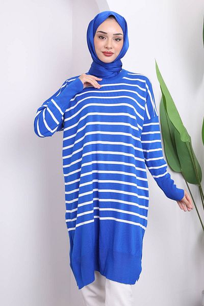 İmajButik Saks Μπλε ριγέ πλεκτό τουνίκ Mercerized