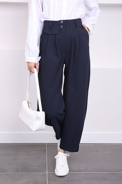 İmajButik High Waist Navy Blue Striped Fabric Trousers - Leg Detail