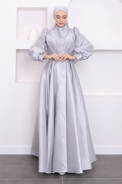 İmajButik Βραδινό φόρεμα με γκρι ντραπέ μανίκι με μπαλόνι