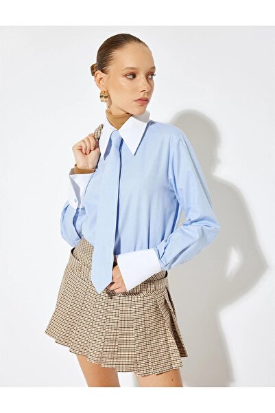 Koton 5wak60086pw 624 albastru cămașă cu mânecă lungă țesută pentru femei