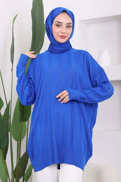 İmajButik Saks Blue Crew Neck Mercerized Casual Knitwear Tunic