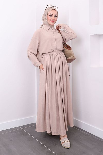 İmajButik Front Short and Back Long Biscuit Shirt and Skirt Set - Wrap