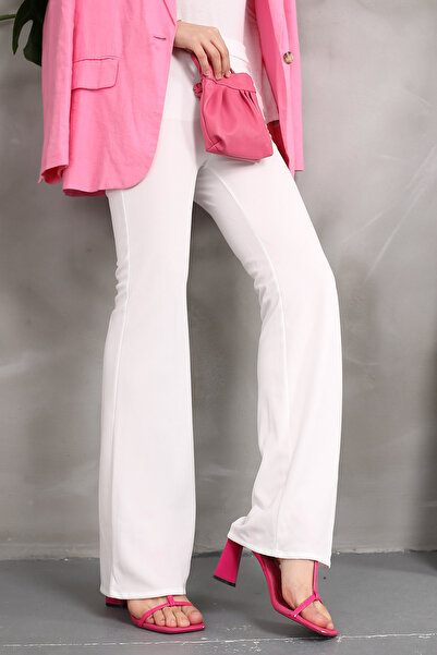 İmajButik White High Waist Spanish Leg Scuba Trousers