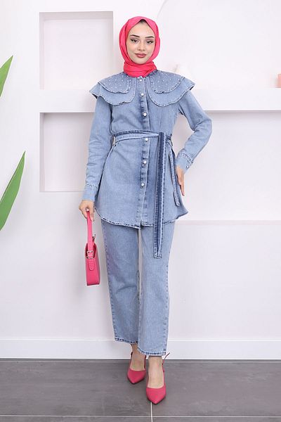 İmajButik Baby Collar Jeans Shirt and Trousers Set - Blue