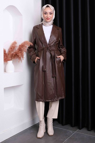 İmajButik Καφέ δερμάτινη καμπαρντίνα με ζώνη μέσης με τσέπες